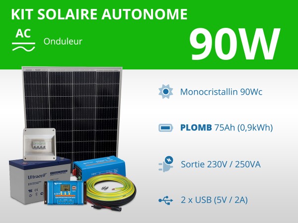 Kit solaire autonome 90W - Plomb Gel 75Ah - Onduleur 250VA | 230V / 0,9kWh