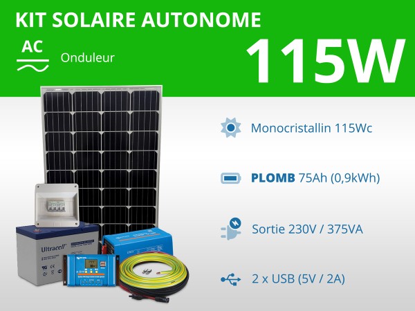 Kit solaire autonome 115W - Plomb Gel - Onduleur 375VA 