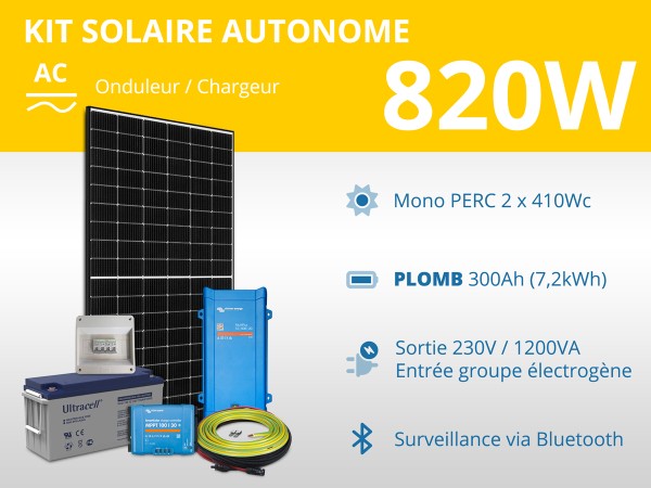 Kit solaire autonome 820W - Plomb Gel 300Ah - Multiplus 1200VA | 230V / 7,2kWh
