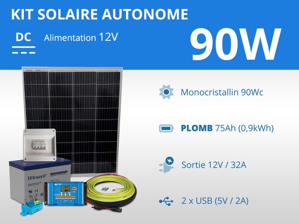 Kit solaire autonome 90W - Plomb Gel 75Ah | 12V / 0,9kWh