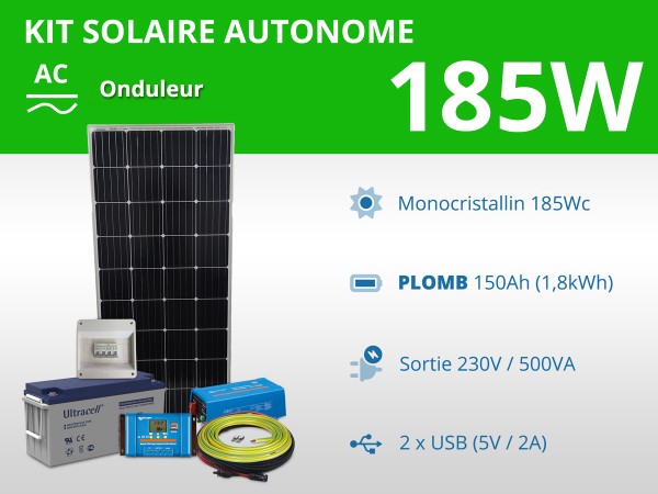 Kit solaire autonome 185W - Plomb Gel - Onduleur 500VA 