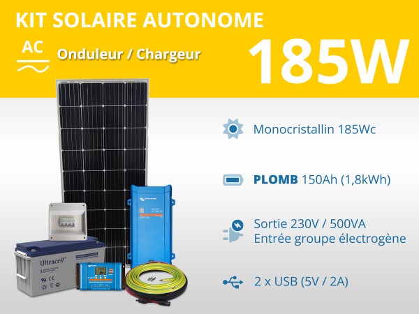 Kit solaire autonome 185W - Plomb Gel - Multiplus 500VA 