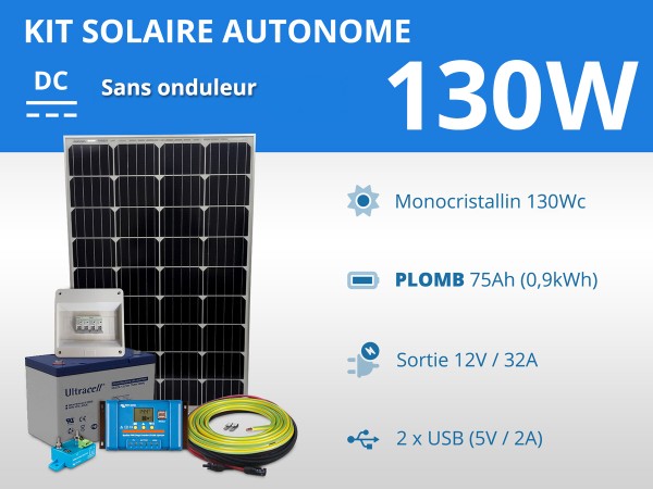 Kit solaire autonome 130W - Plomb Gel 75Ah | 12V / 0,9kWh