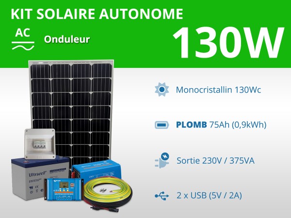 Kit solaire autonome 130W - Plomb Gel - Onduleur 375VA 