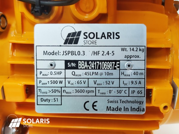 Plaque signalétique de la motopompe solaire SOLARIS 500