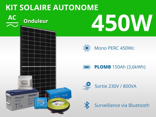 Kit solaire autonome 450W - Plomb Gel 150Ah - Onduleur 800VA | 230V / 3,6kWh