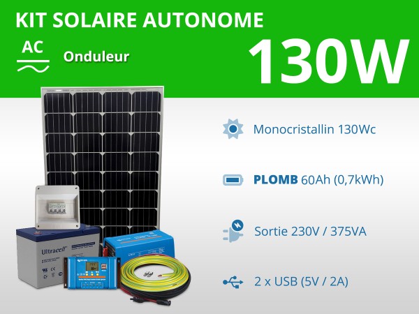 Kit solaire autonome 130W - Plomb Gel - Onduleur 375VA | 230V / 0,7kWh