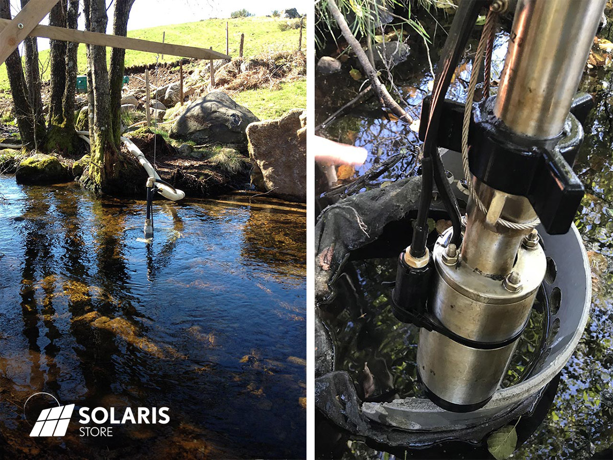 Pompe solaire dans rivière pour alimenter un abreuvoir